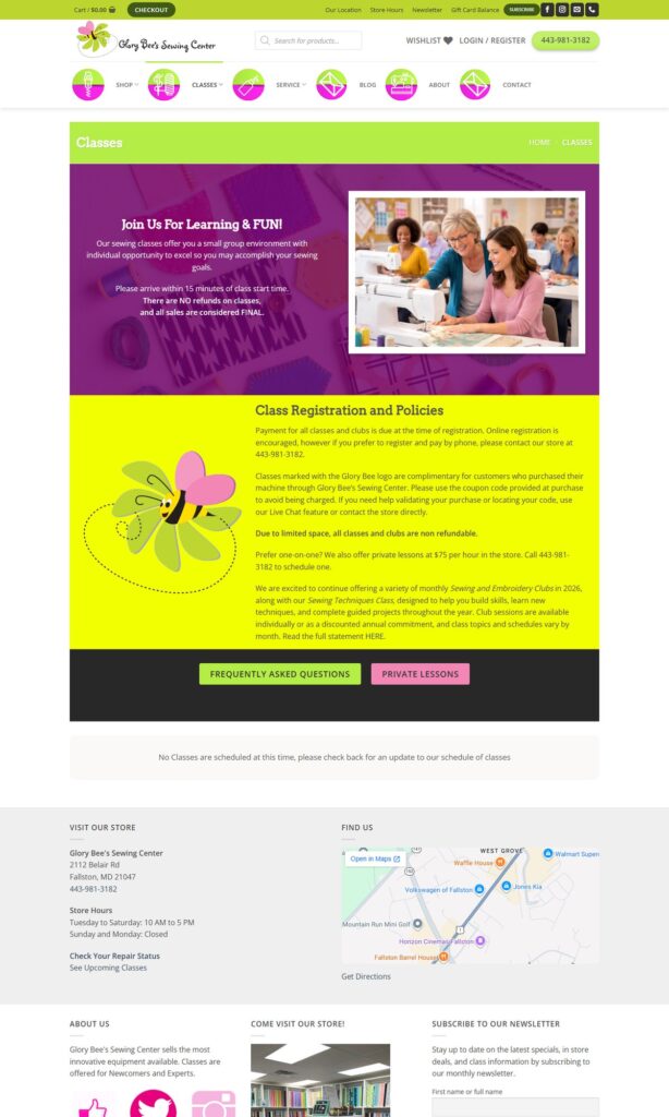 Glory Bee's Sewing Center classes page, built by KJONGSys