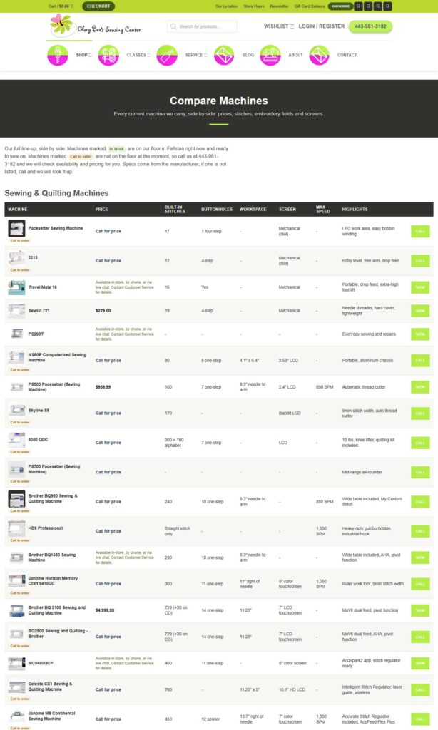 Glory Bee's Sewing Center machine comparison tool, built by KJONGSys