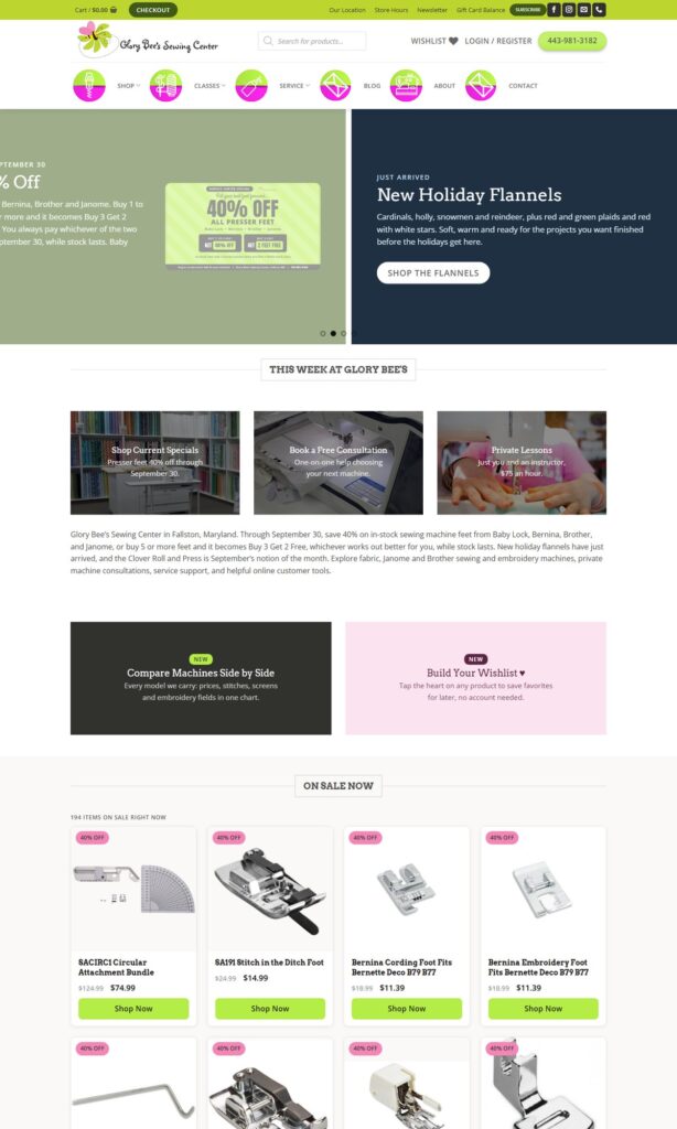 Glory Bee's Sewing Center homepage, built by KJONGSys