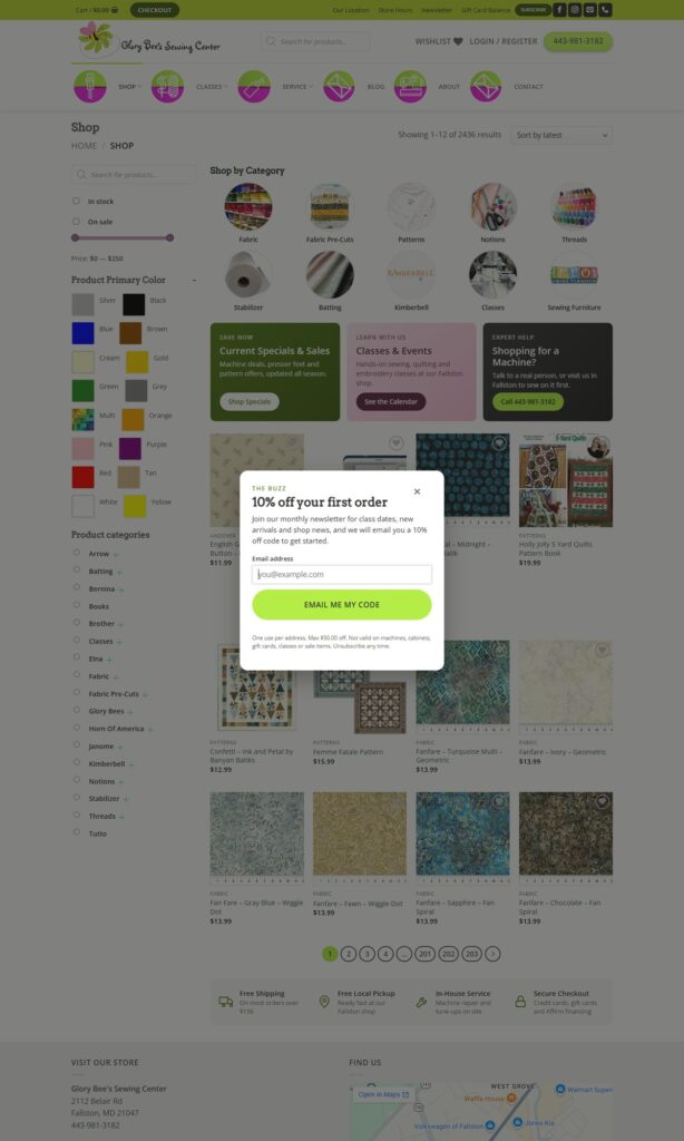 Glory Bee's Sewing Center online shop, built by KJONGSys